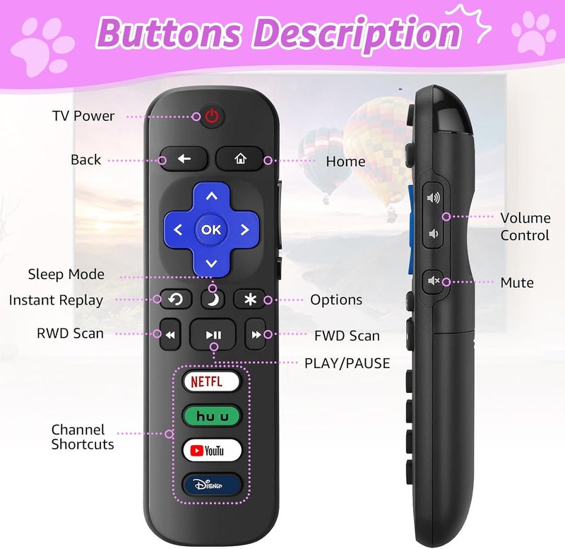 SOTATOO جهاز تحكم عن بعد بديل لتلفاز Roku مع غلاف واقي ناعم بنفسجي (يتوهج في الظلام) ، جهاز تحكم عالمي لتلفاز TCL Roku/Hisense Roku/Onn Roku/Sharp Roku/Element Roku/Philips Roku الذكي - Image 3